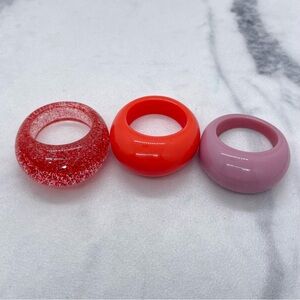 Set of Three Chunky Resin Rings in Red, Orange, and Pink